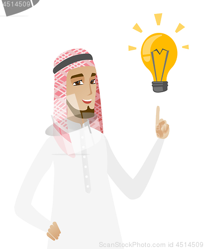 Image of Muslim businessman pointing at business idea bulb.