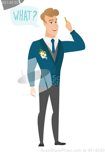 Image of Groom with question what in speech bubble.