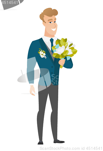 Image of Young caucasian groom with a bridal bouquet.