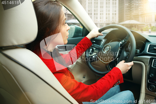 Image of Driving around city. Young attractive woman driving a car