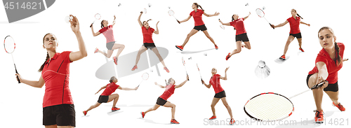 Image of Young woman playing badminton over white background