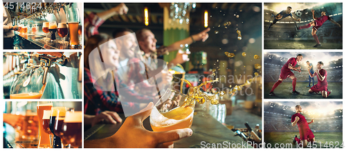 Image of sport, people, leisure, friendship and entertainment concept - happy football fans or male friends drinking beer and celebrating victory at bar or pub