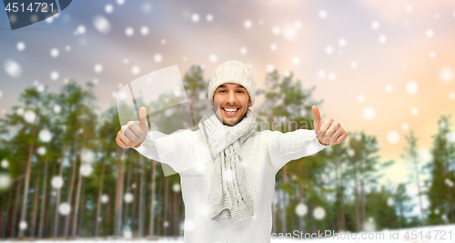 Image of smiling man showing thumbs up over winter forest