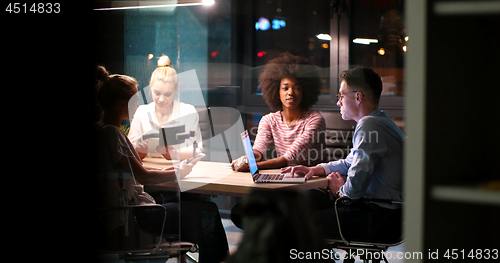 Image of Multiethnic startup business team in night office