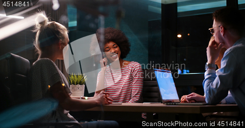 Image of Multiethnic startup business team in night office