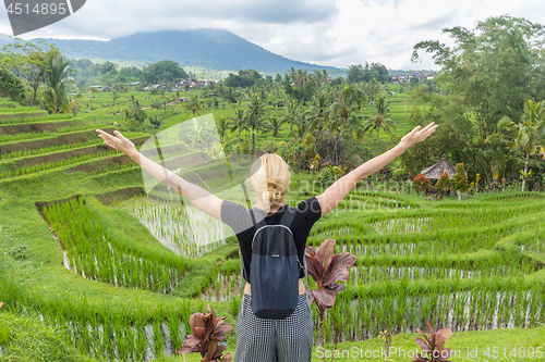 Image of Relaxed female tracker enjoying pure nature at beautiful green rice fields on Bali.