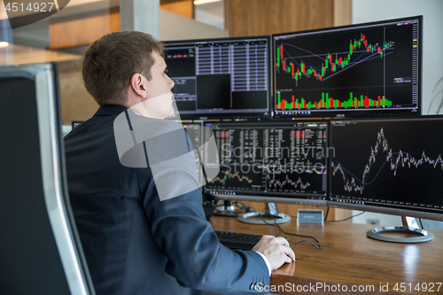 Image of Stock trader looking at computer screens in trdading office.