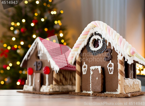 Image of close up of christmas gingerbread houses at home