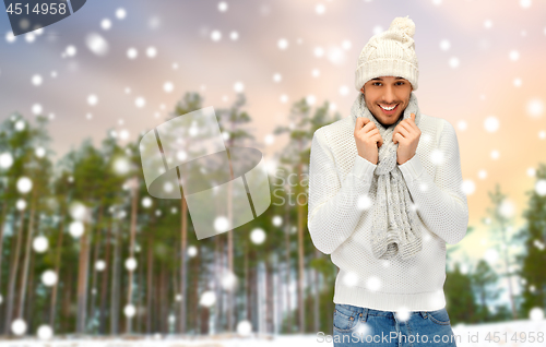 Image of smiling man in hat and scarf over winter forest