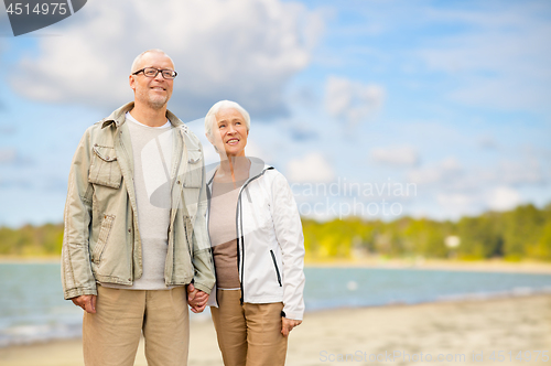 Image of happy senior couple over beach background