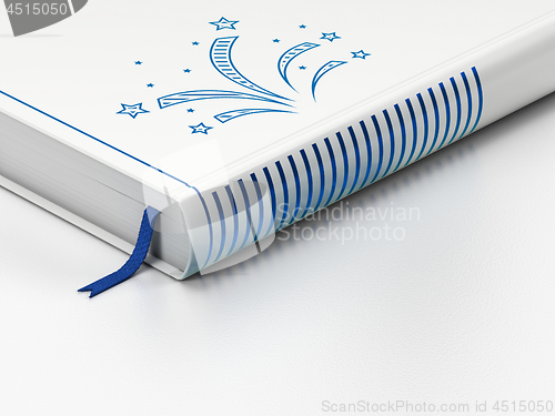 Image of Entertainment, concept: closed book, Fireworks on white background