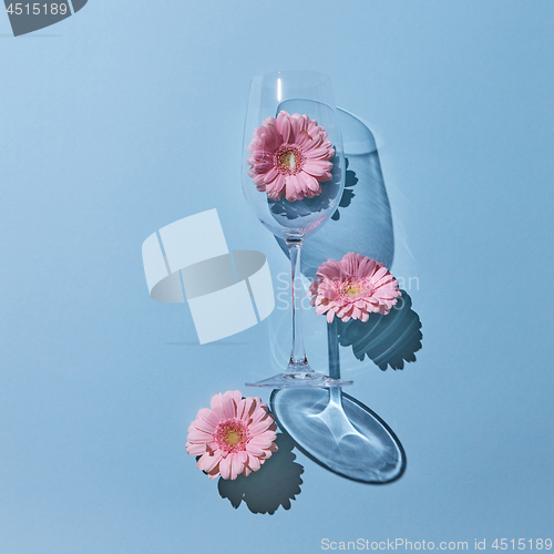 Image of Three pink flowers gerbera and a glass on a blue background