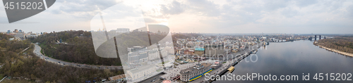 Image of The full panoramic 360 aerial view from the drone, the bird\'s eye view of the the oldest historical central part of the city of Kiev and the right bank of the Dnieper River, Ukraine.