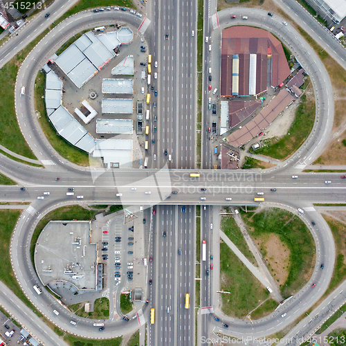 Image of Aerial view of the road junction with cars, Poznyaki district Kiev, Ukraine.