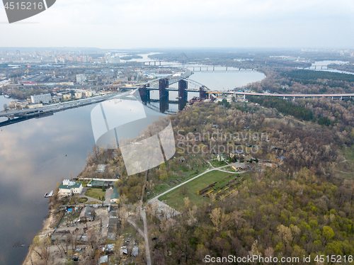 Image of Dnieper river with Dniprovsky park and bridges in Kiev, Ukraine
