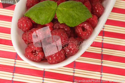 Image of Raspberries and Leaves on a Plate