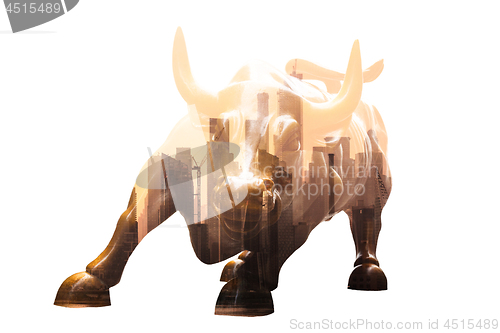 Image of Charging Bull in Lower Manhattan. Corporate business, finance, stock market and economic prosperity conceptul collage