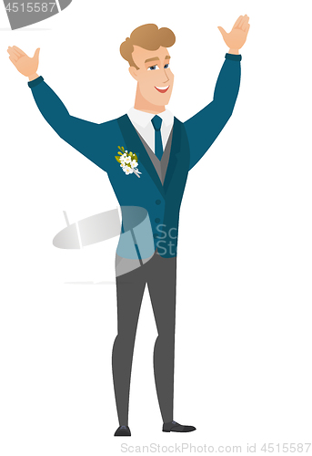 Image of Successful caucasian groom jumping.