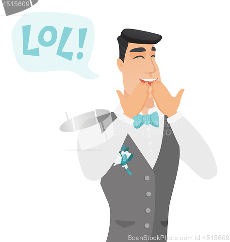 Image of Young caucasian groom laughing out loud.