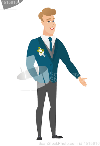 Image of Caucasian groom with hand in his pocket.