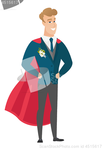 Image of Groom wearing a red superhero cloak.