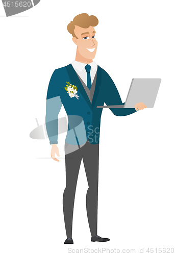 Image of Groom using laptop vector illustration.