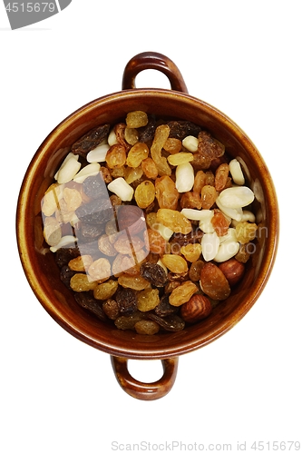 Image of mix of raisins and different nuts in a bowl on a white 