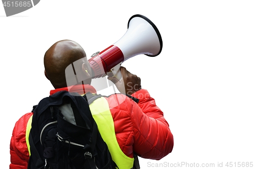 Image of political activist with the megaphone during a protest, clipping