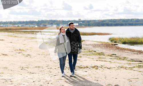 Image of couple walking along autumn beach