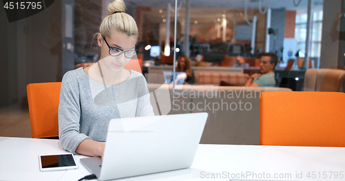 Image of businesswoman using a laptop in startup office