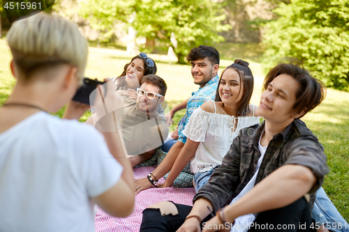 Image of friends photographing at picnic in summer park