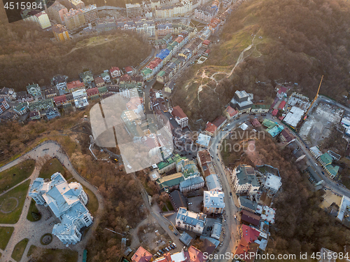 Image of A bird\'s eye view, aerial view shooting from drone of the Podol district, oldest historical center of Kiev, Ukraine.