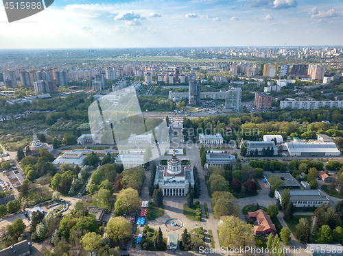 Image of Panorama of the city of Kiev and the Exhibition Center against the sky in the spring. Photo from the drone