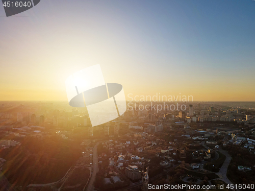 Image of The panoramic bird\'s eye view from drone to the modern district of Kiev, Ukraine at summer sunset.