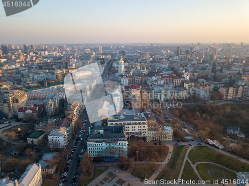 Image of Panoramic aerial view from the drone, a view of the bird\'s eye view of the the central historical part of the city of Kiev, Ukraine, with old buildings of the city.