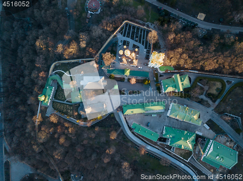 Image of Aerial view from the drone to the Kiev Pechersk Lavra and historical building in city of Kiev, Ukraine. Top view.