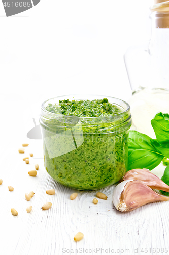 Image of Pesto in glass jar on white board