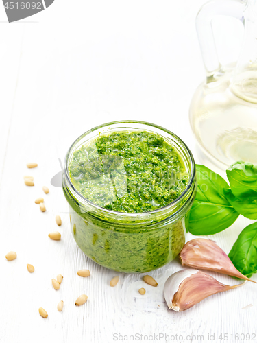 Image of Pesto in glass jar on wooden board