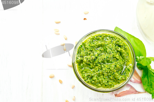 Image of Pesto in jar on board top