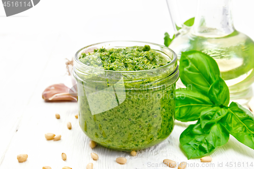 Image of Pesto in glass jar on board