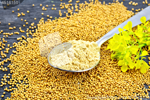 Image of Mustard powder in spoon with flower on black board