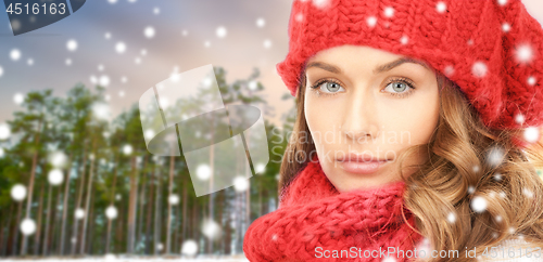 Image of woman in hat and scarf over winter forest