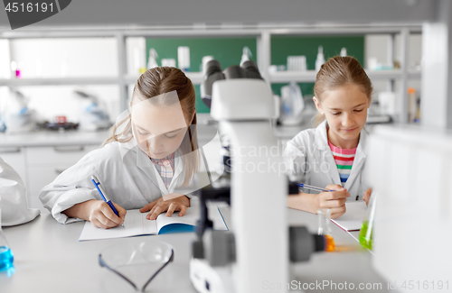 Image of kids studying chemistry at school laboratory