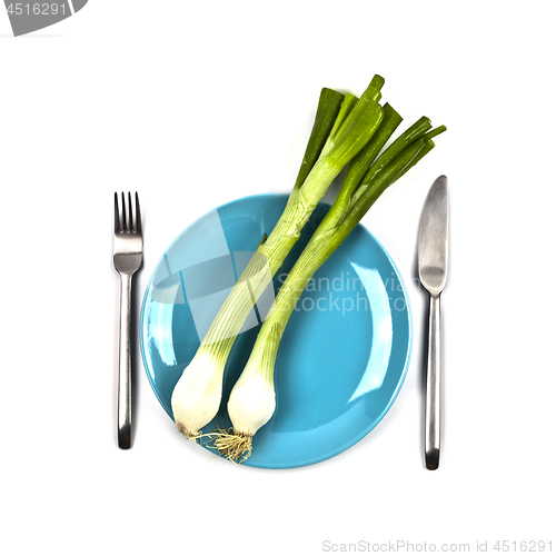 Image of Organic green onion on blue plate, fork and knife on white backg