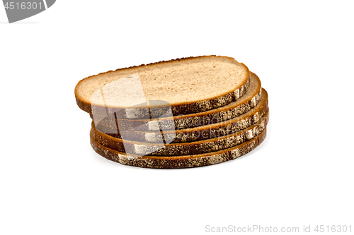 Image of Stack of five fresh baked bread slices isolated on white.