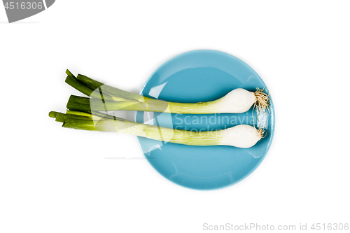 Image of Organic green onion on blue plate on white background. 