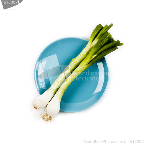 Image of Organic green onion on blue plate on white background. 