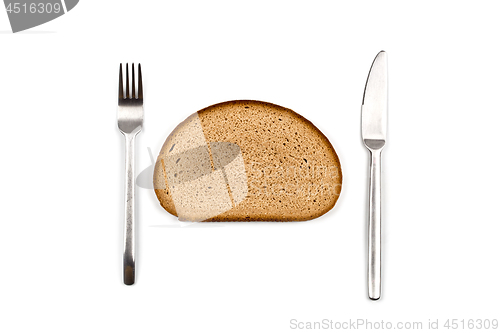 Image of Fresh baked bread slice, fork and knife on white background.