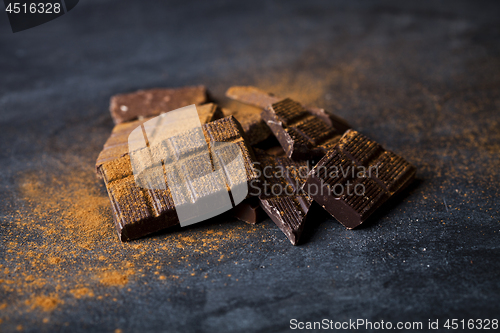 Image of Chocolate bar pieces heap witn cinnamon powder.