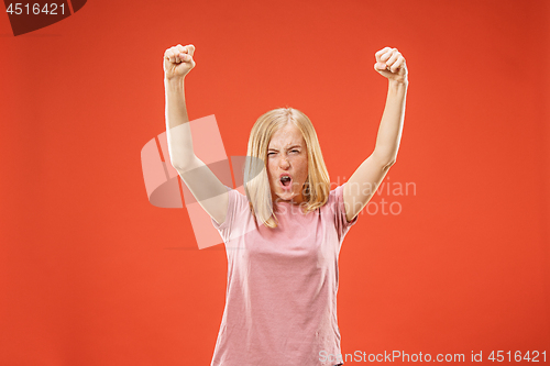 Image of Winning success woman happy ecstatic celebrating being a winner. Dynamic energetic image of female model